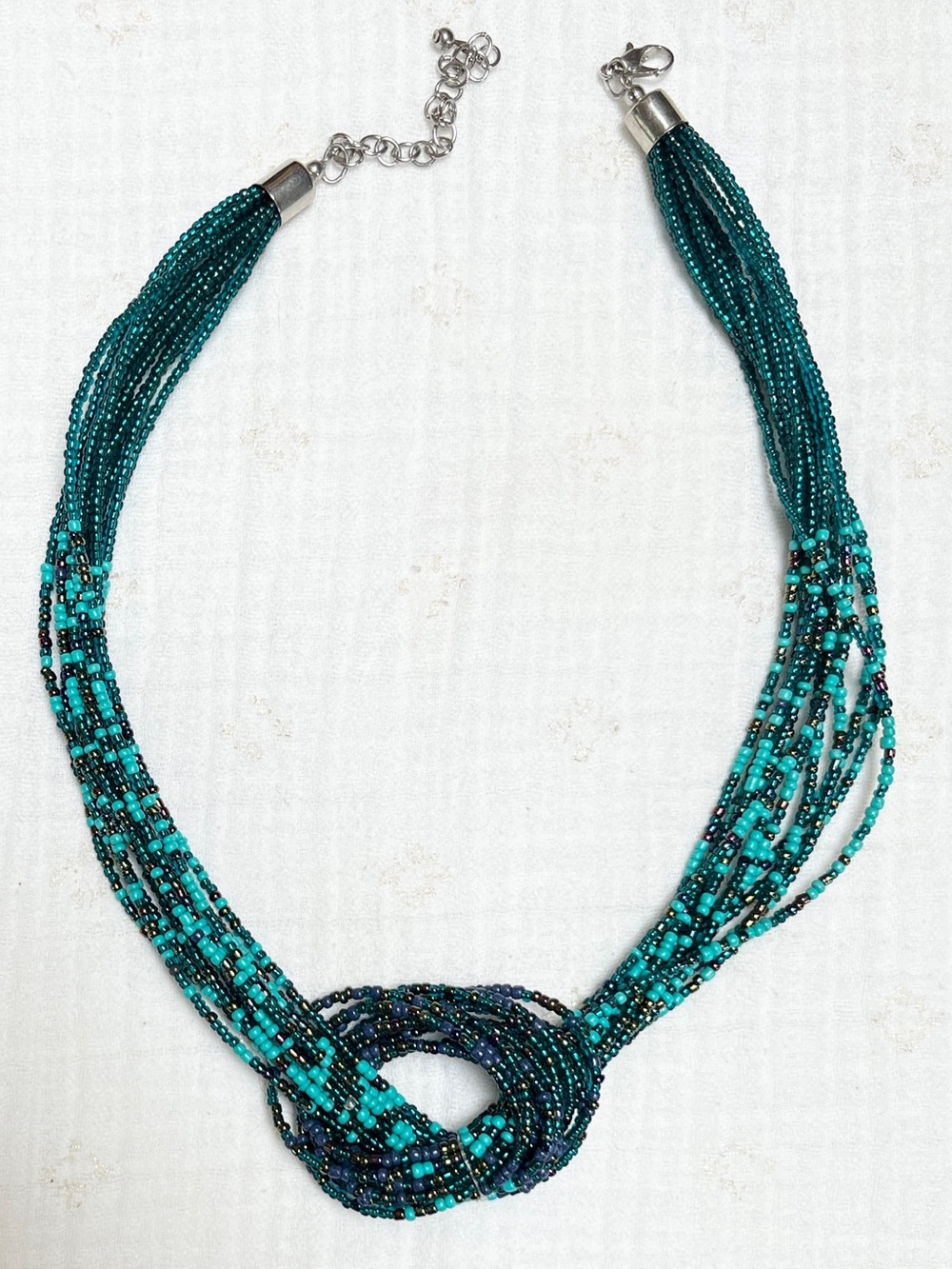Boho Teal Blue Turquoise Multi Strand Beaded Knot Statement Necklace OS